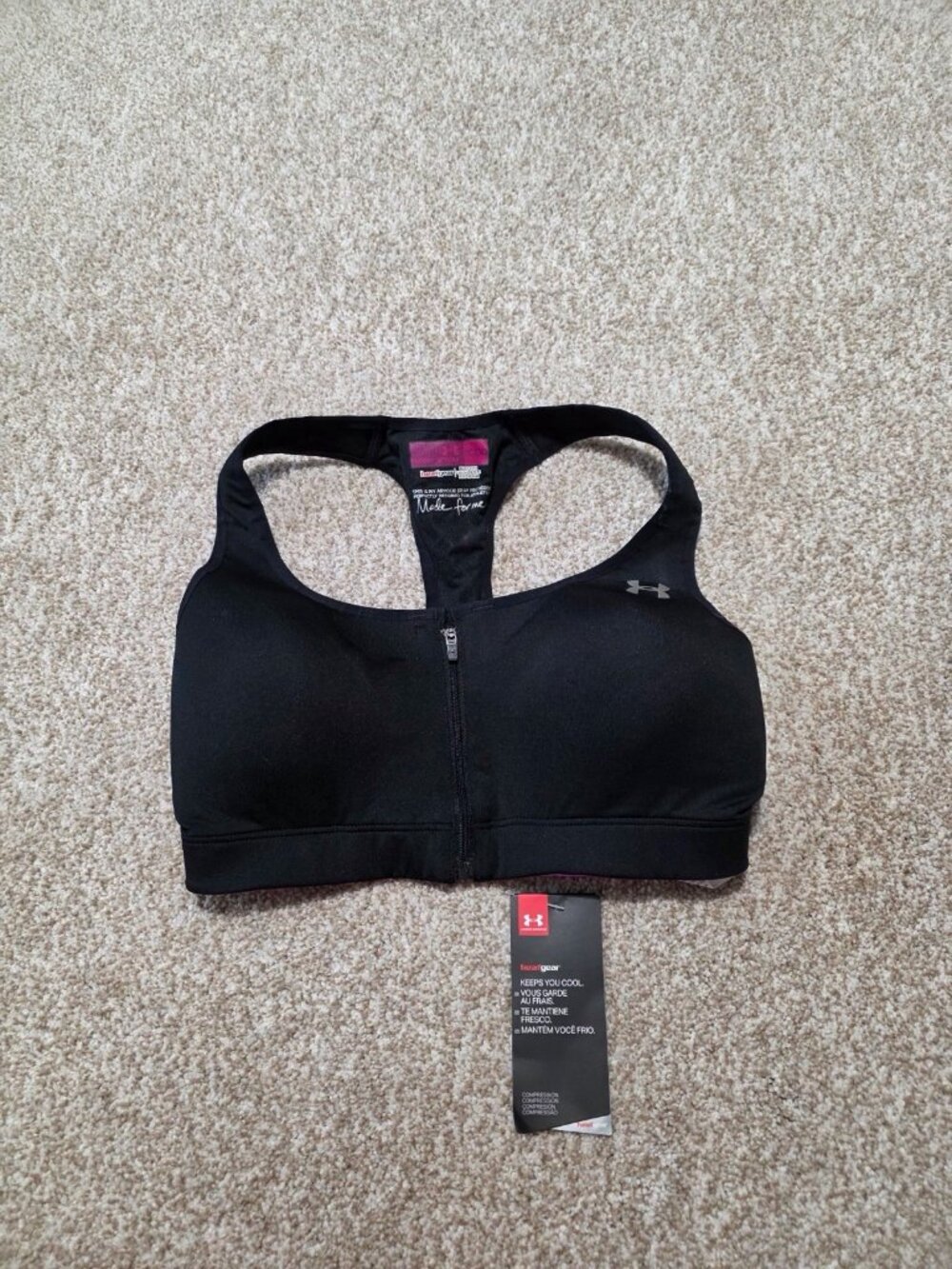 Under Armour HeatGear Front Zip Sports Bra Black Racerback Padded Size 32DD